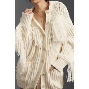 Anthropologie Maeve Fringe Oversized Cardigan Womens XS Boho Ivory Cozy Western